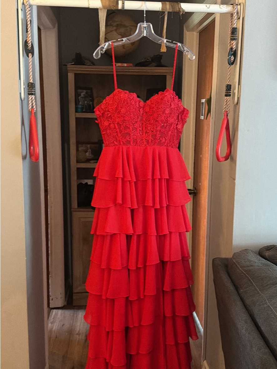 Jovani Red Spaghetti-Strap Tiered Ruffle Dress